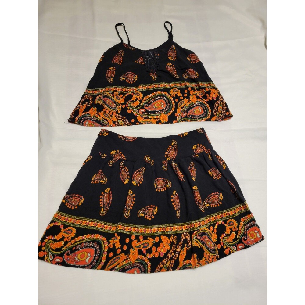 American Rag Cie Women's Blouse & Skirt Black  Orange Paisley Spaghetti Strap  M